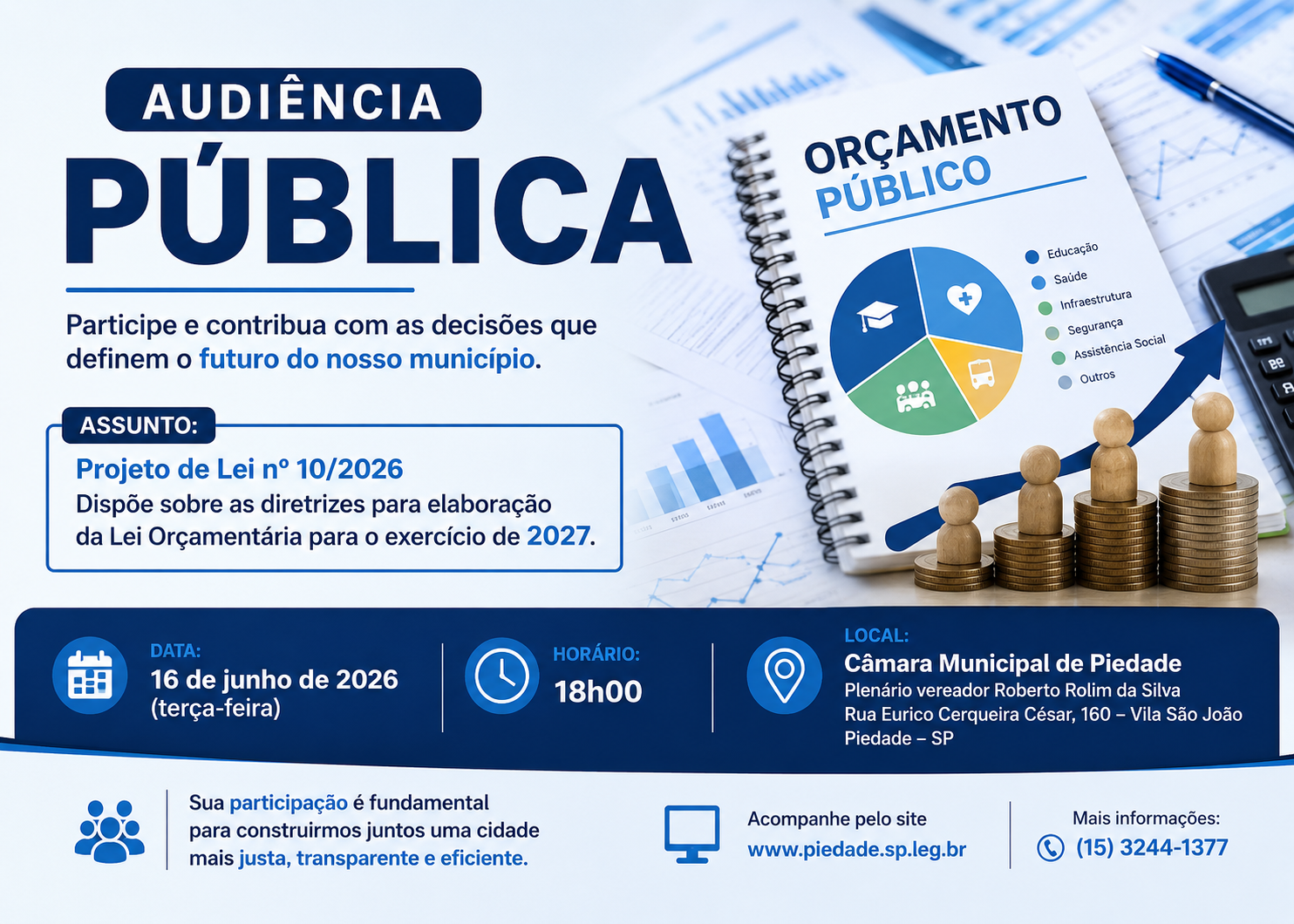 Câmara convida a população a debater LDO 2027 em 16 de junho.